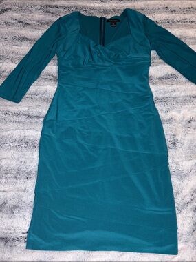 WHBM slimming Teal Sheath Dress with V-Neck and Three-Quarter Sleeves
